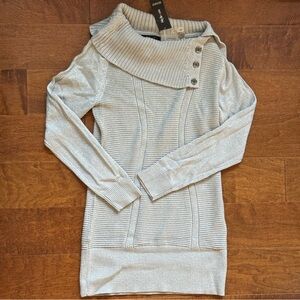 Sparkly sliver knitted style sweater dress above knee with grey chrome buttons